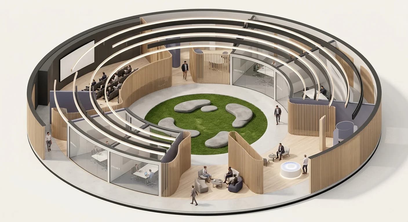 Zones of one shared Globaly environment, with people moving between them