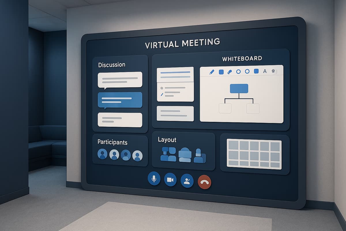 A realistic 3D render of a modern virtual meeting space designed for effective remote collaboration, featuring interactive digital tools and a calm atmosphere.